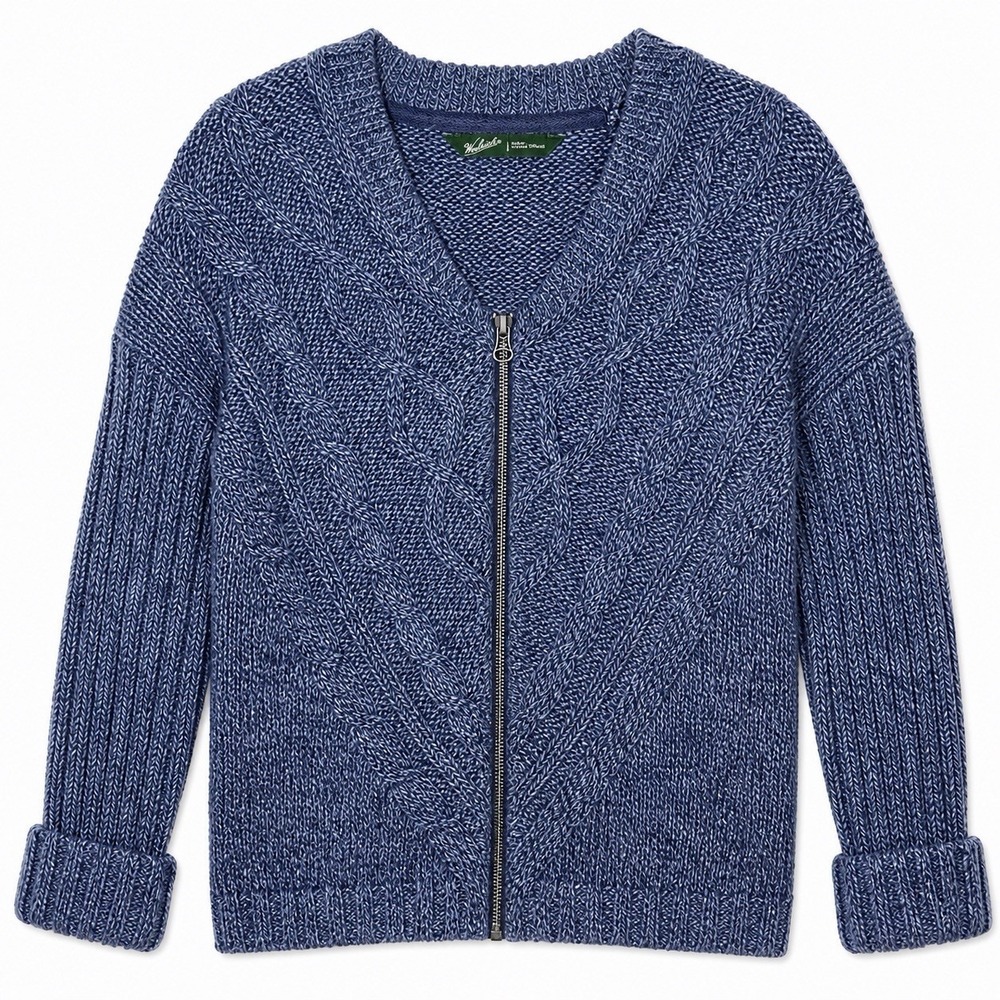 Woolrich Womens Blue Cable Knit Sweater Full Zip Indigo Marl Large Cotton Blend